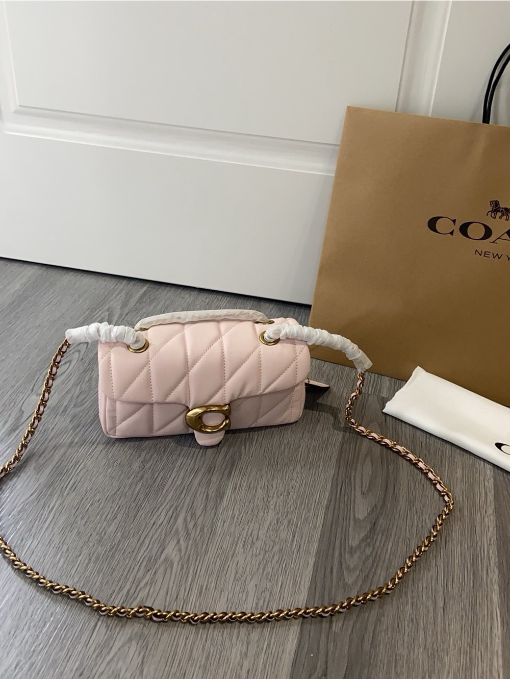 Quilted Pink Leather Crossbody Bag with Gold Chain